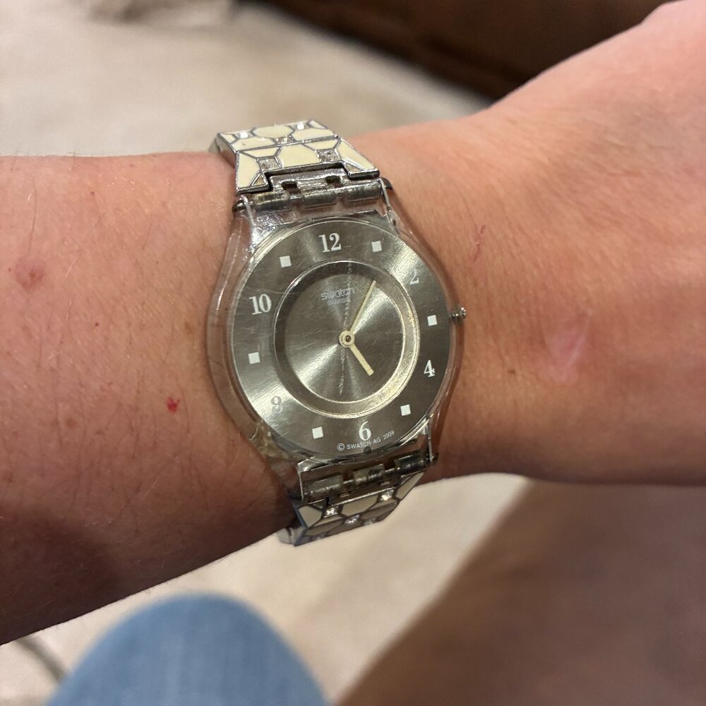 Swatch Watch Flat Silver Face with White Silver Band & Clasp